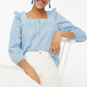 J. Crew Floral Square Neck Ruffle Top Women Sz M Blue White Cotton LS Blouse EUC